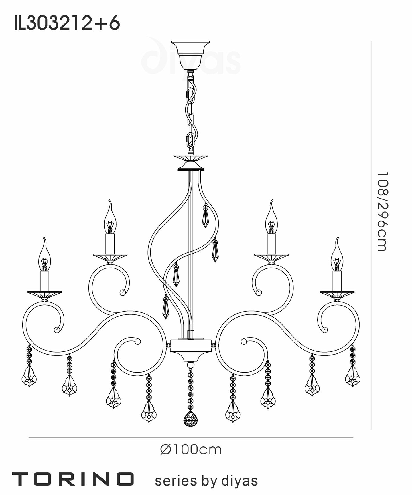 Torino Crystal 18 Light Chandelier by Diyas IL303212+6 with French Gold Frame