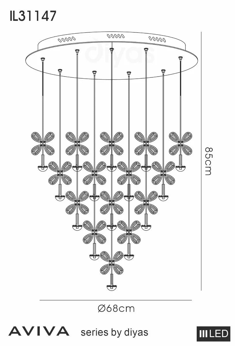 Aviva LED Crystal Pendant 28 Light 4000K Polished Chrome Frame Diyas IL31147