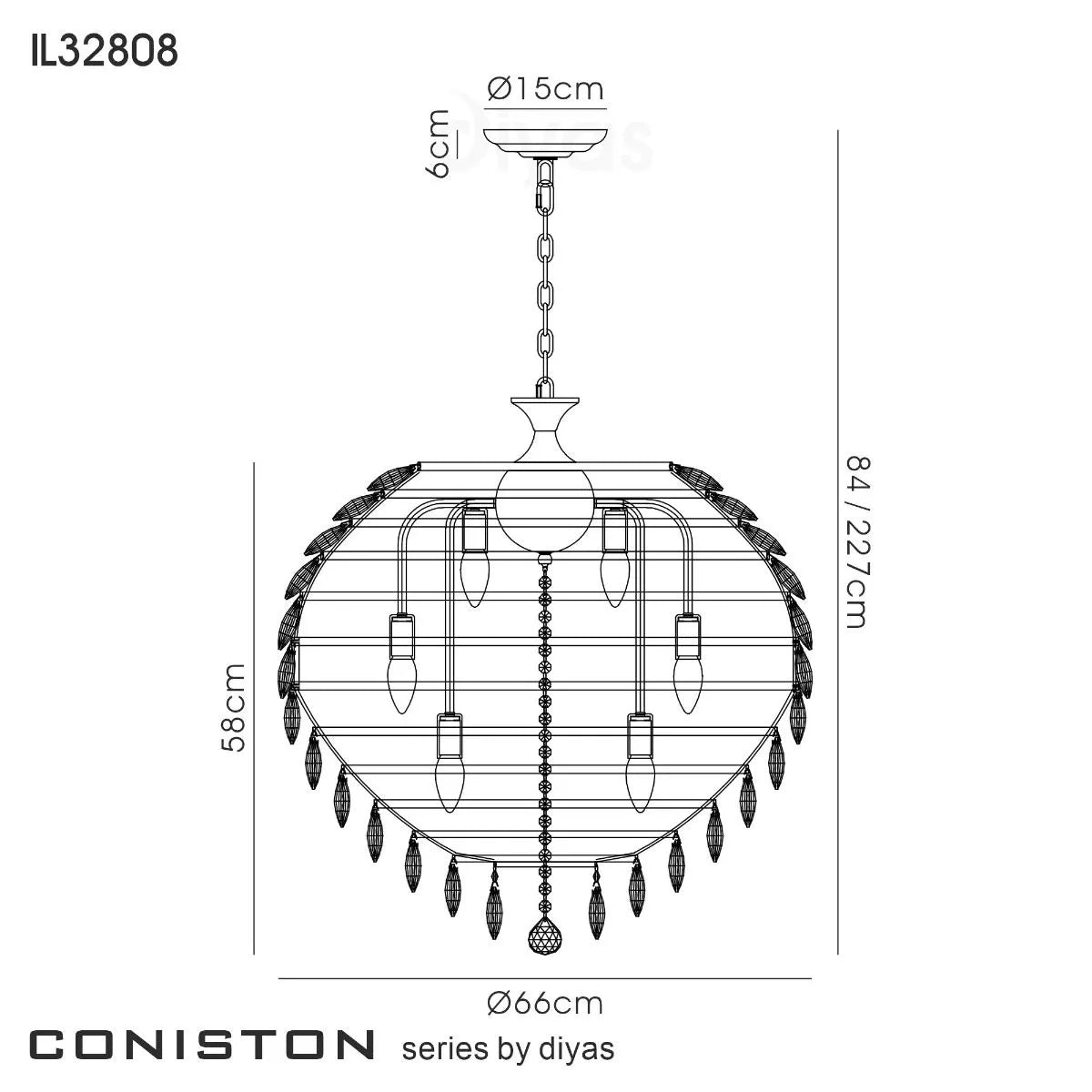 Coniston IL32808 Crystal 12 Light Ceiling Pendant with Polished Chrome Frame by Diyas