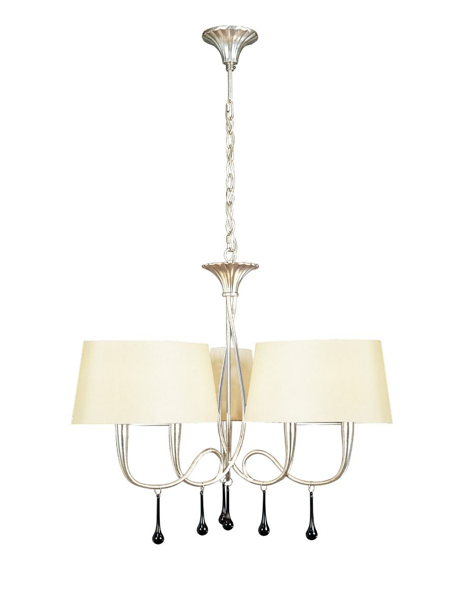 M0530 CS Mantra Paola Pendant 3 Arm 6 Light E14 Silver Painted Cream Shades Black Glass Droplets