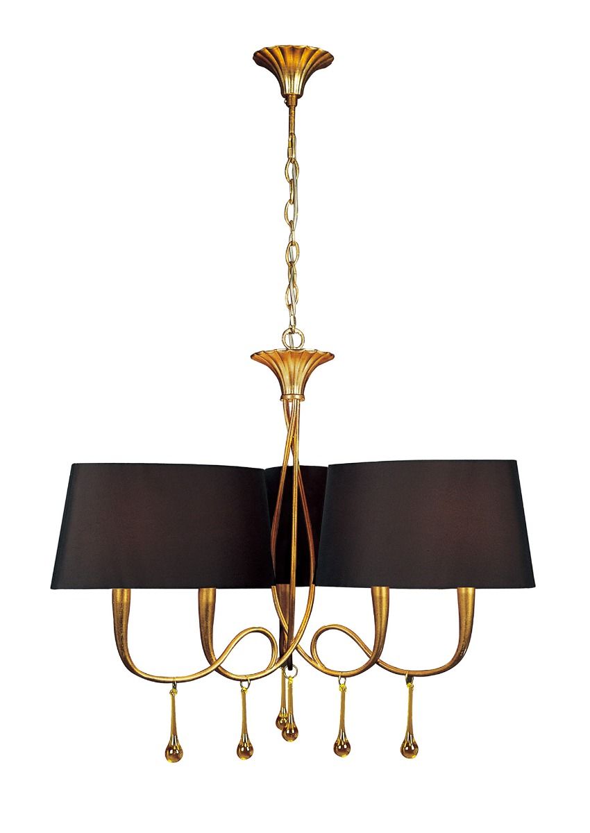 M0540 BS Mantra Paola Pendant 3 Arm 6 Light E14 Gold Painted Black Shades Amber Glass Droplets
