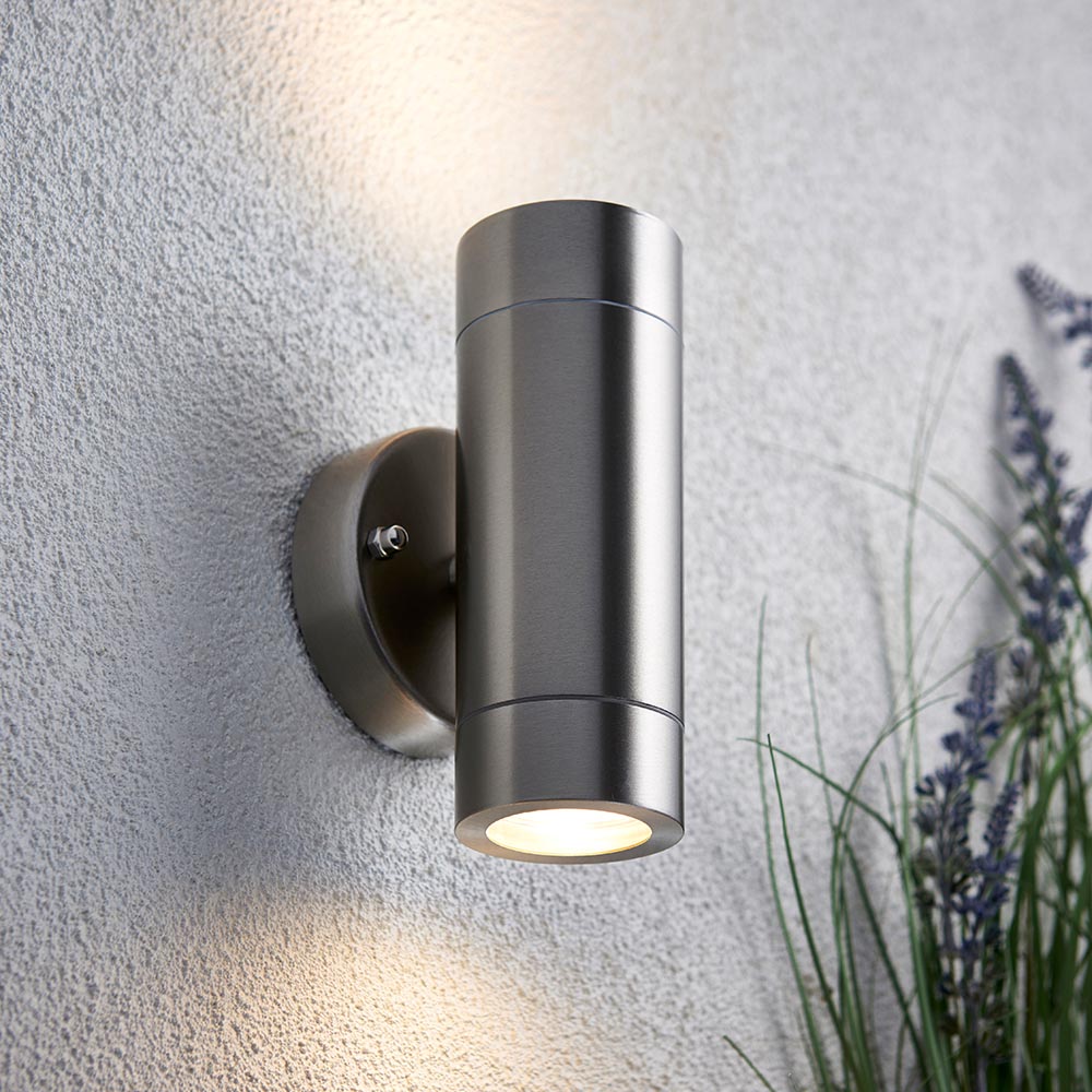 Palin Stainless Steel IP44 2x35W GU10 Dimmable Wall Light by Saxby 13802