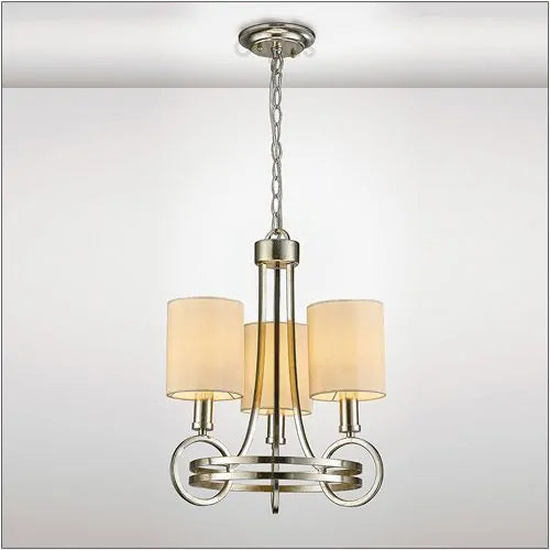 A Diyas IL31701 Isabella Pendant with a beige shade and three E14 lights is plated in antique silver.