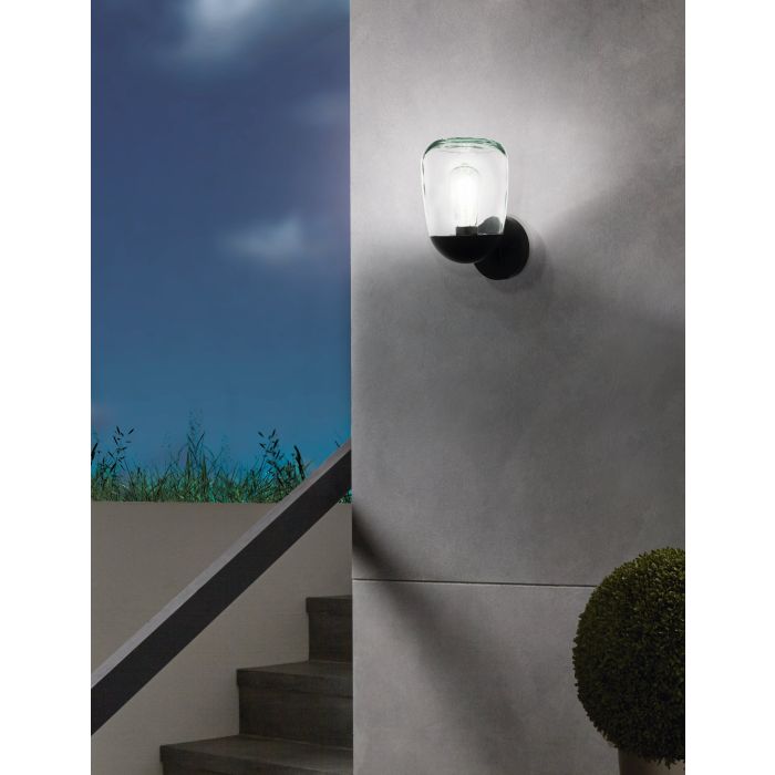 98701  DONATORI wall lamp, aluminum, black plastic, and transparent glass