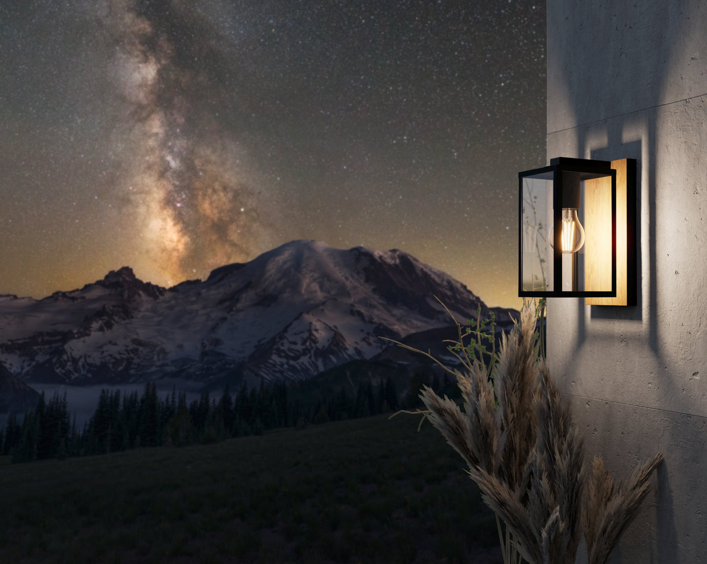 900289  BUDRONE wall lamp in steel, black, and brown with clear glass