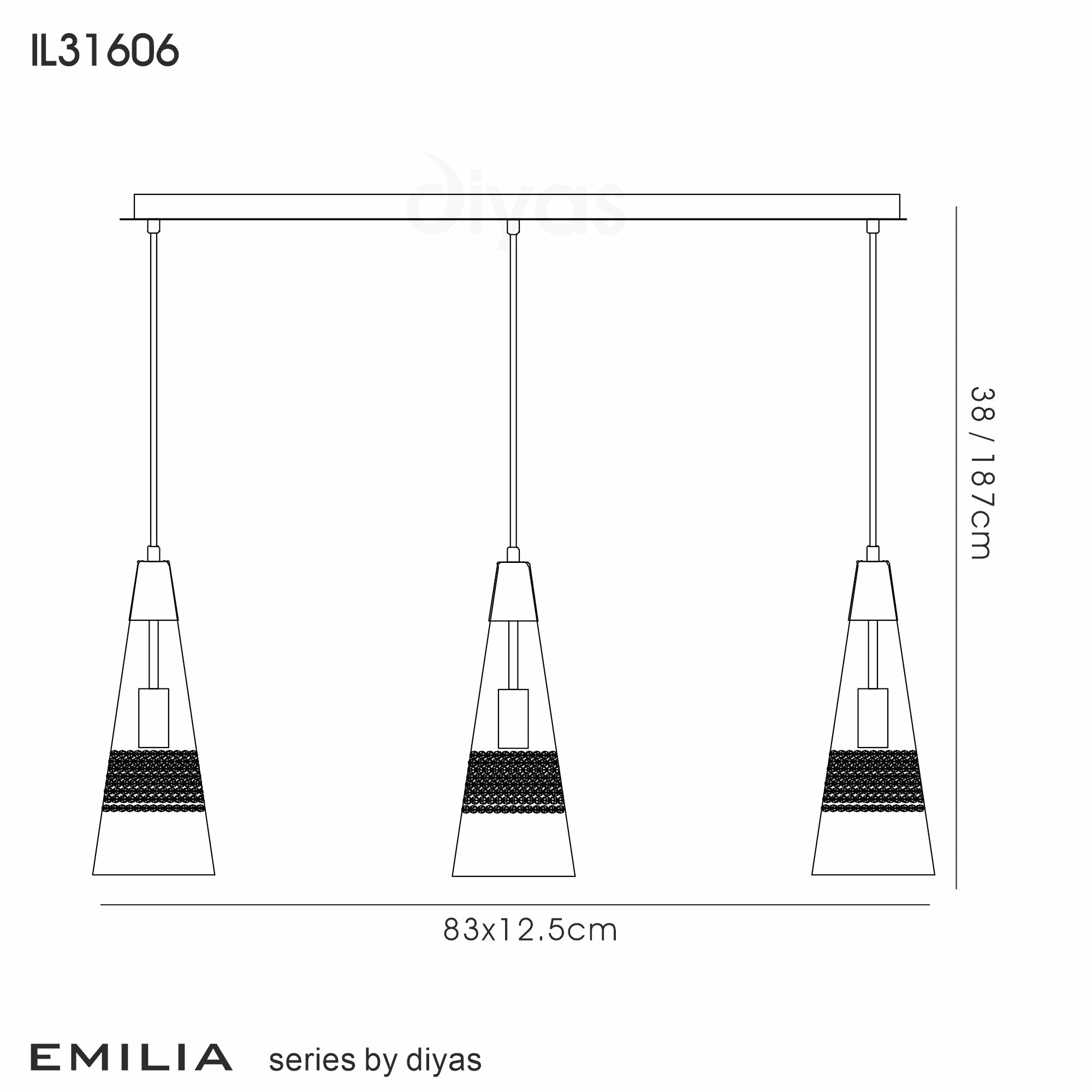 Diyas IL31606 Emilia 3 Light E14 Linear Polished Chrome Crystal Pendant
