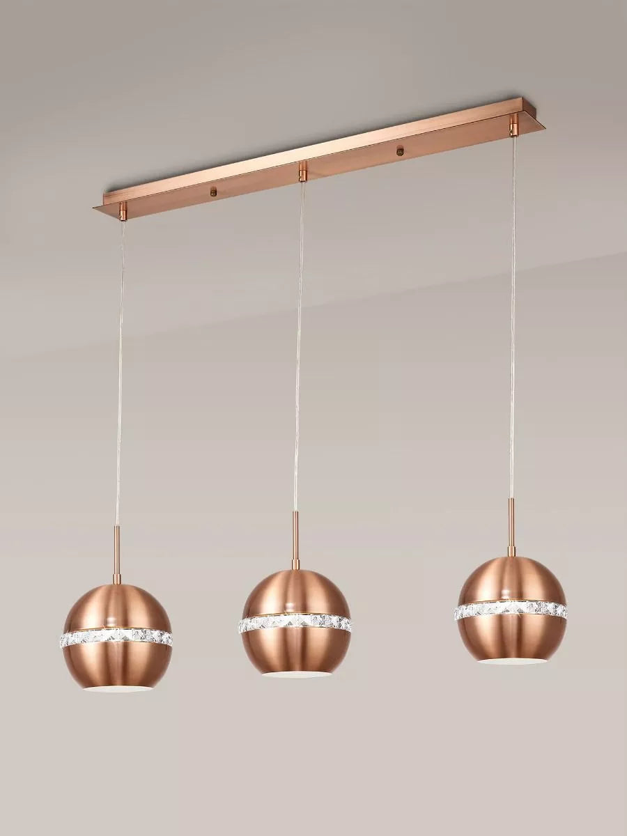 Andrea Pendant 3 Light E27 Linear Satin Copper Crystal Diyas IL31611