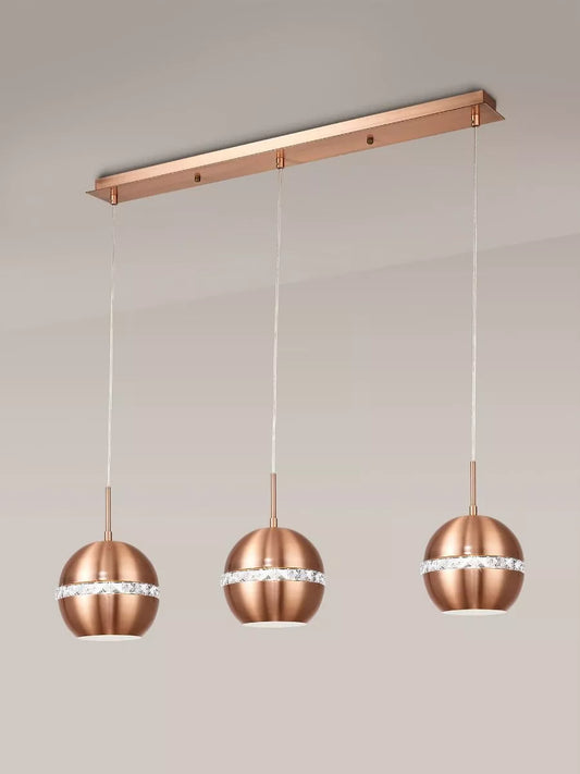 Andrea Pendant 3 Light E27 Linear Satin Copper Crystal Diyas IL31611