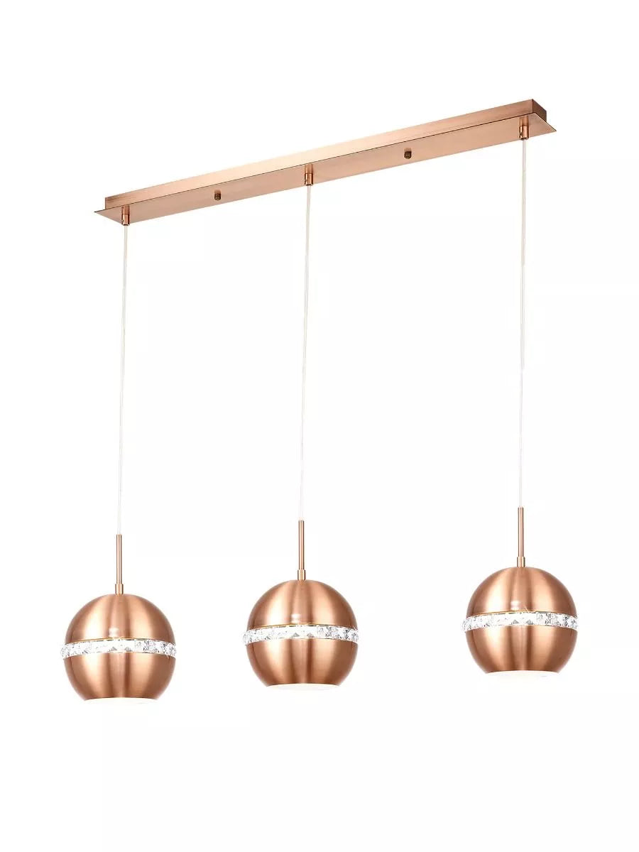 Andrea Pendant 3 Light E27 Linear Satin Copper Crystal Diyas IL31611