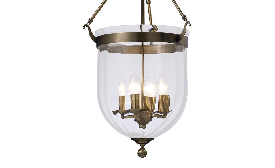 Pendant Light in Antique Brass with Glass Diyas Aubrey 4 Light