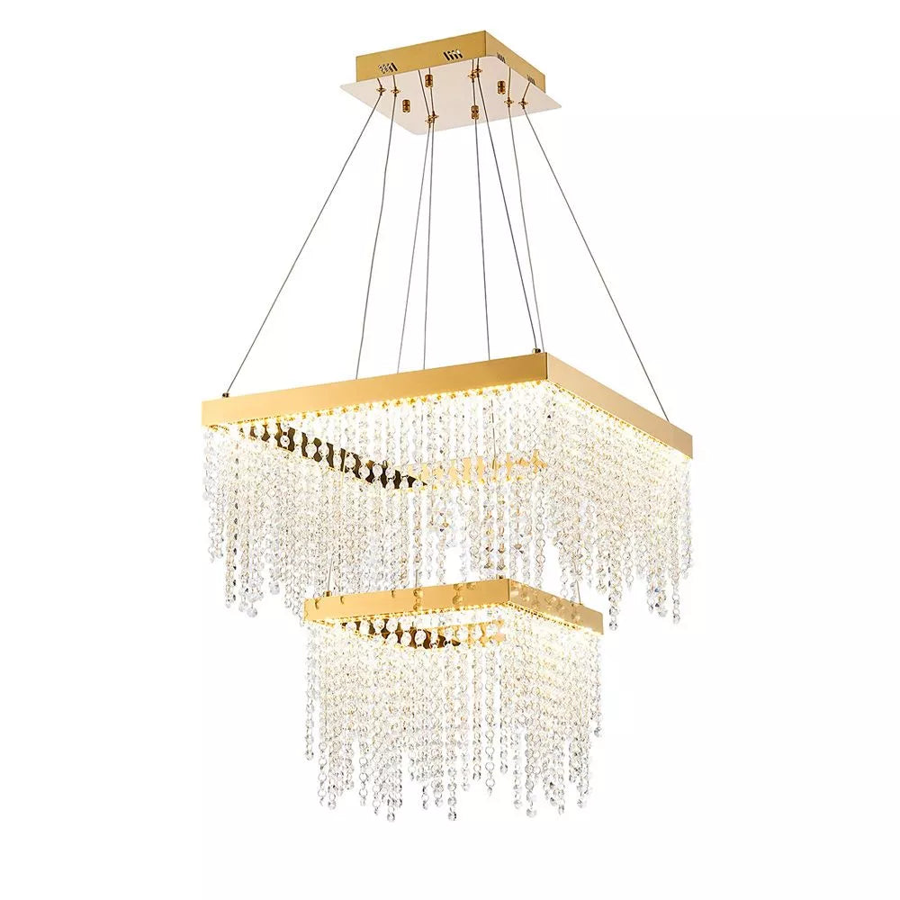 French gold crystal Diyas Bano Square 2 Tier Dimmable Pendant 47W LED 4000K IL32874