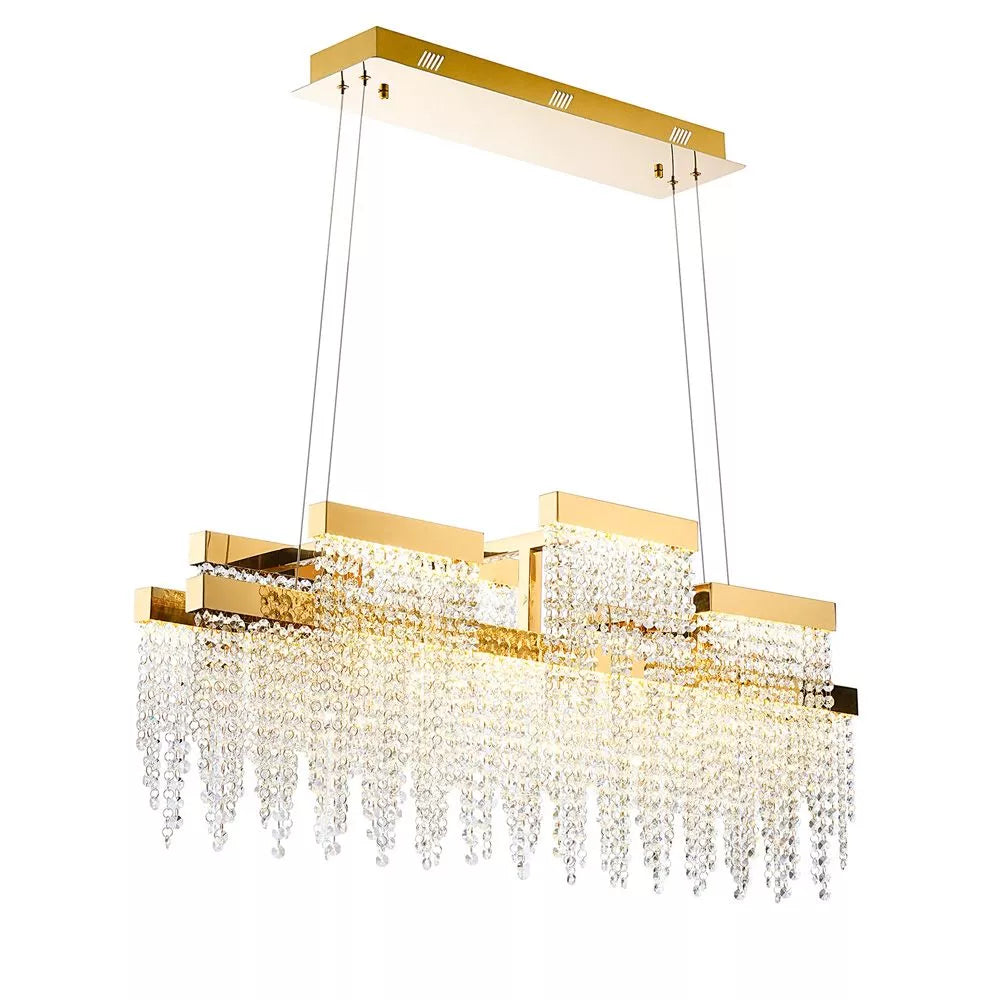 The Diyas Bano Linear 3 Light Dimmable Pendant Fitting IL32878 uses a 46W LED lamp with a 4000K French gold crystal finish.
