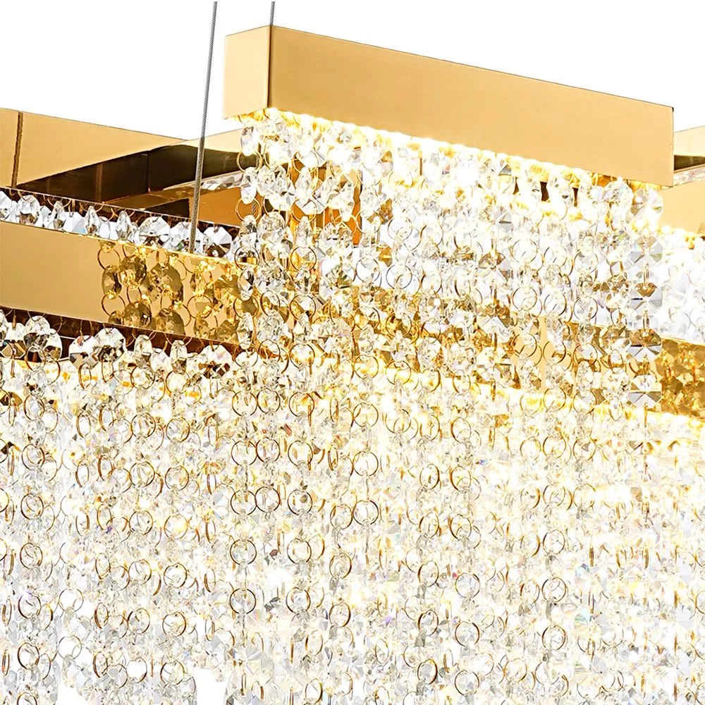 The Diyas Bano Linear 3 Light Dimmable Pendant Fitting IL32878 uses a 46W LED lamp with a 4000K French gold crystal finish.