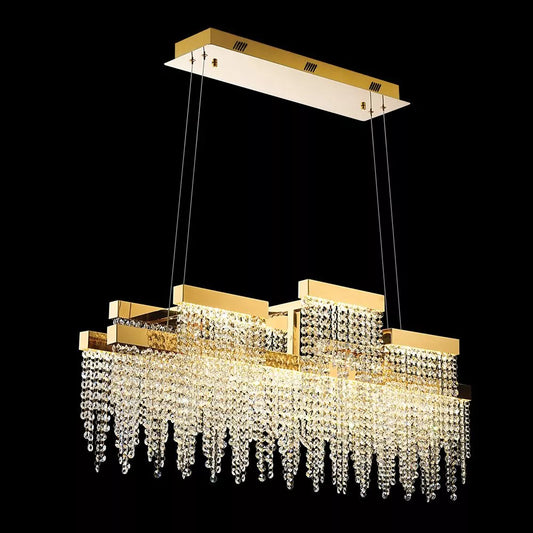 The Diyas Bano Linear 3 Light Dimmable Pendant Fitting IL32878 uses a 46W LED lamp with a 4000K French gold crystal finish.