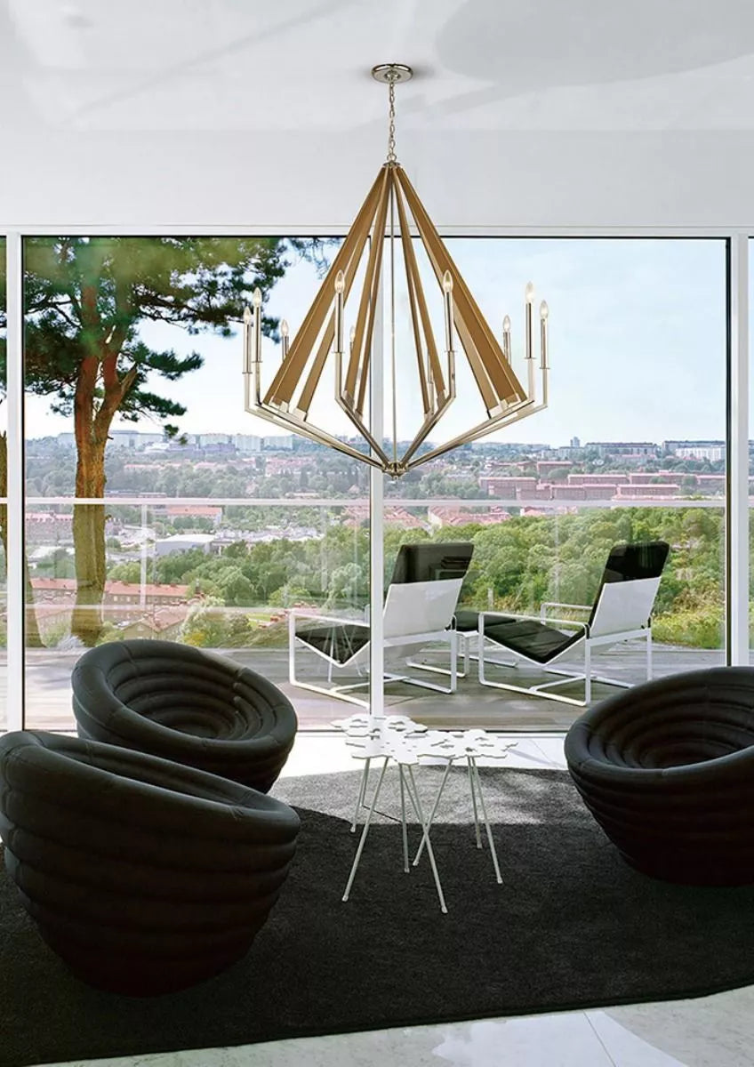 Hilton Decagonal Pendant 10 Light E14 Polished Nickel Taupe Wood Diyas IL31683