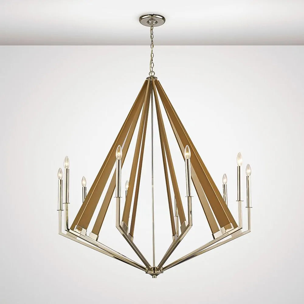 Hilton Decagonal Pendant 10 Light E14 Polished Nickel Taupe Wood Diyas IL31683