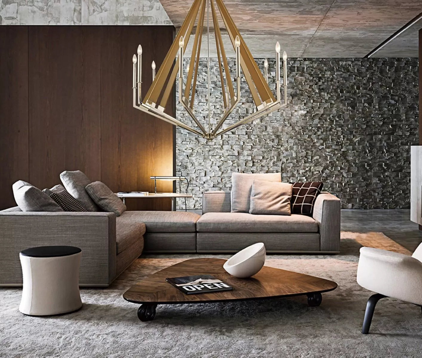 Hilton Decagonal Pendant 10 Light E14 Polished Nickel Taupe Wood Diyas IL31683