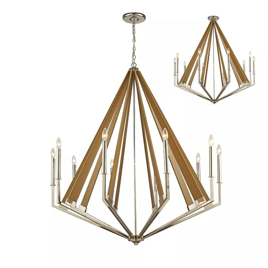 Hilton Decagonal Pendant 10 Light E14 Polished Nickel Taupe Wood Diyas IL31683