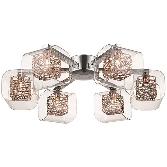Copper Flush Ceiling Light with 6 Clear Glass Shade Bulbs by LX-Holland LXHOLL060CP6FLUS