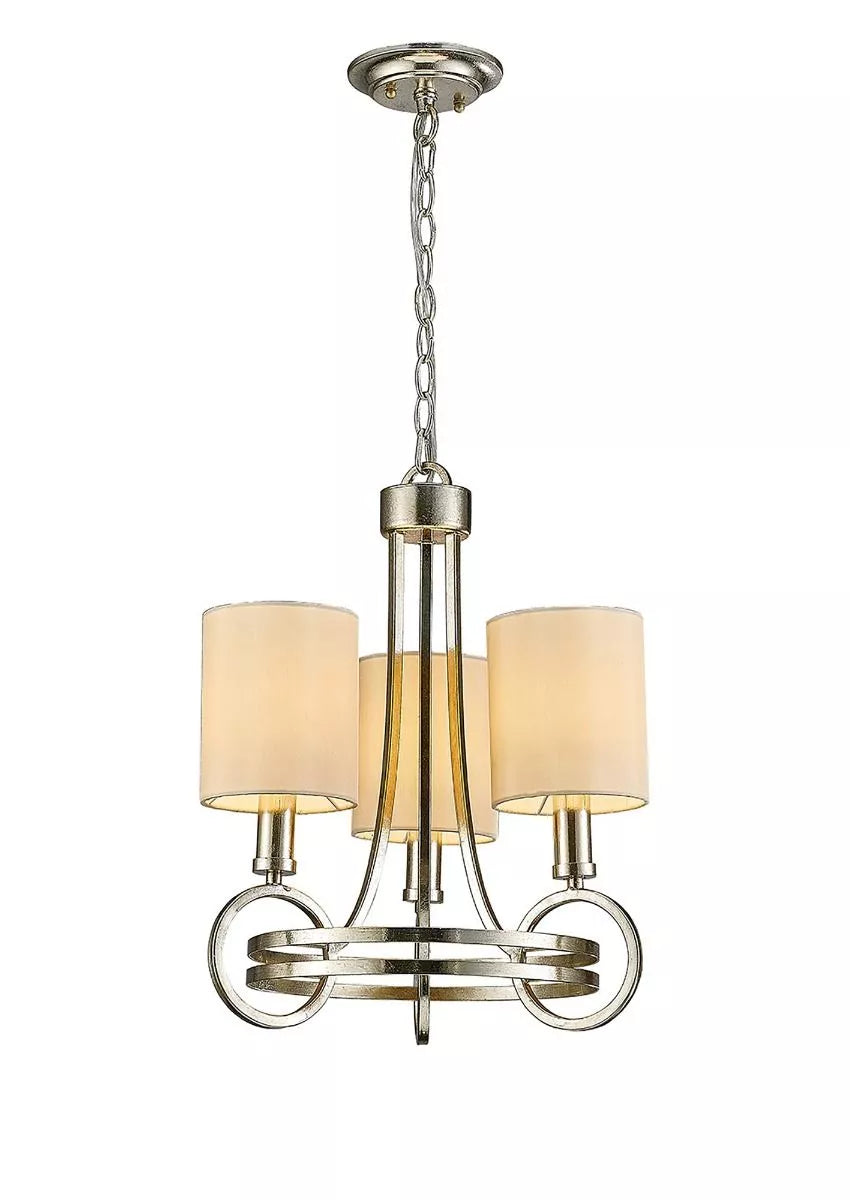 A Diyas IL31701 Isabella Pendant with a beige shade and three E14 lights is plated in antique silver.