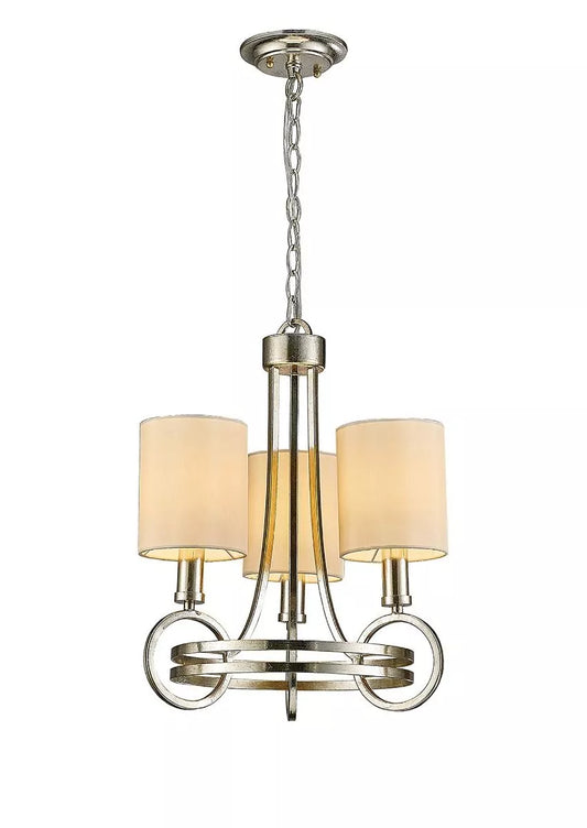 A Diyas IL31701 Isabella Pendant with a beige shade and three E14 lights is plated in antique silver.