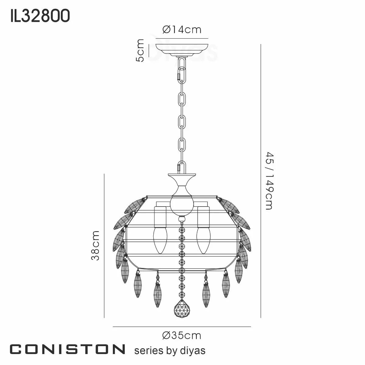 Coniston IL32800 Crystal 3 Light Small Pendant with Polished Chrome Frame by Diyas