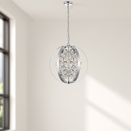 Chrome ceiling pendant light with 5 bulbs by LX-Reyna decorated with crystal balls and beads LXREYN048CH5DECO