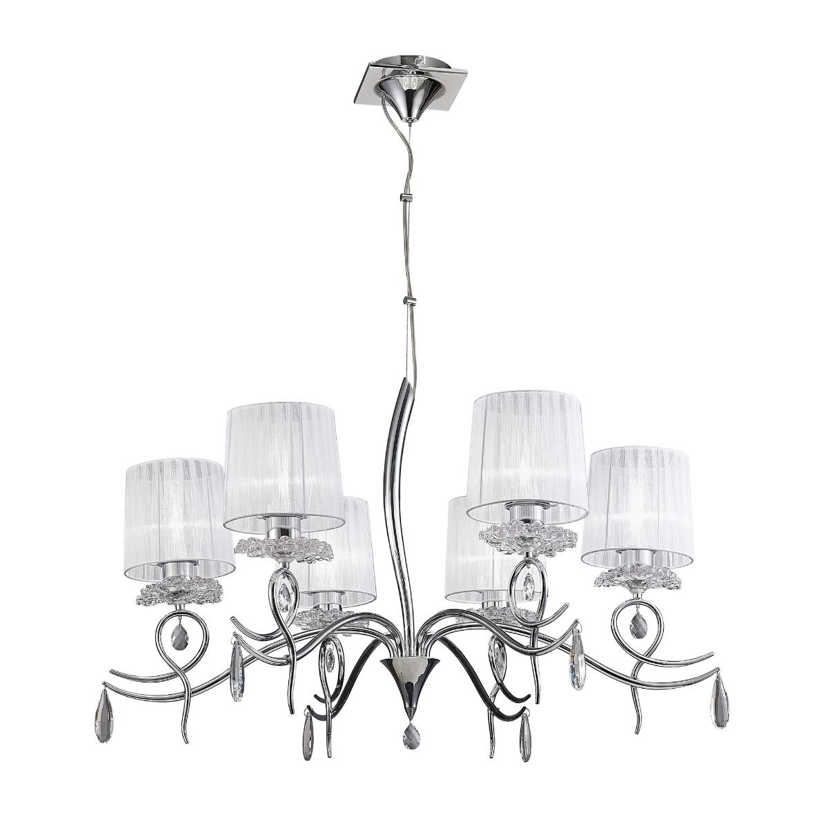 M5270 Mantra Louise 6 Light E27 White Shade Polished Chrome Clear Crystal Pendant