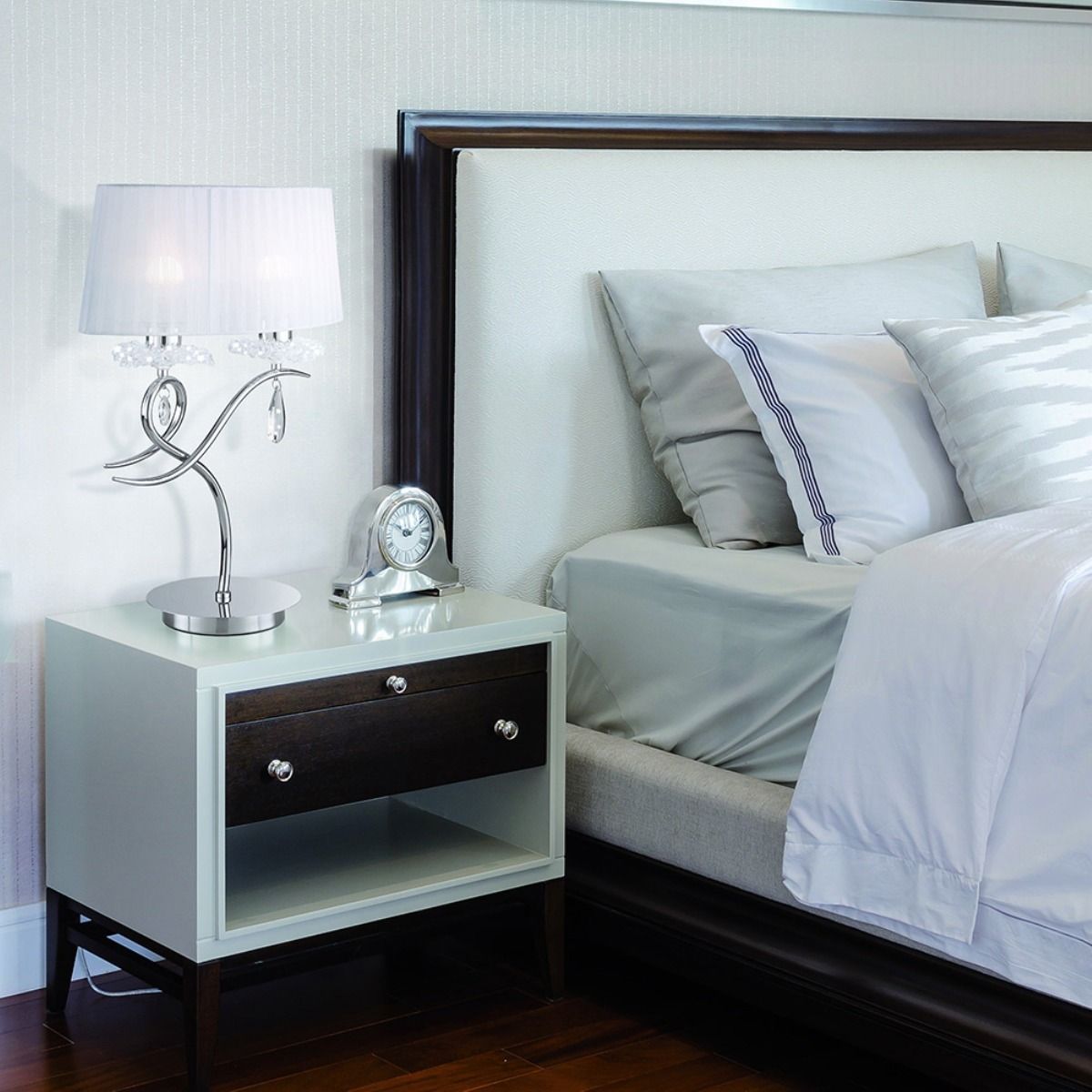 M5278 Mantra Louise Table Lamp 2 Light E27 Large White Shade Polished Chrome Clear Crystal