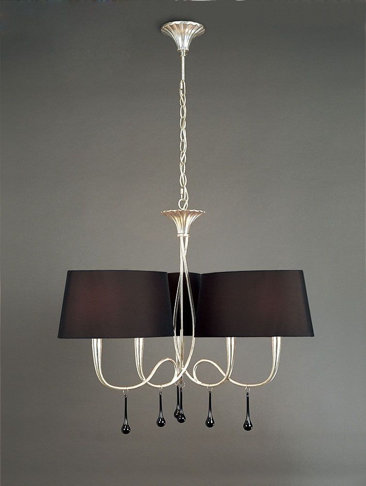 M0530 Mantra Paola Pendant 3 Arm 6 Light E14 Silver Painted Black Shades Black Glass Droplets