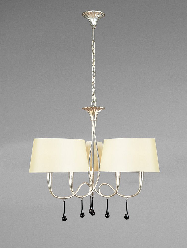 M0530 CS Mantra Paola Pendant 3 Arm 6 Light E14 Silver Painted Cream Shades Black Glass Droplets