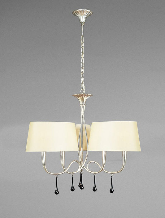 M0530 CS Mantra Paola Pendant 3 Arm 6 Light E14 Silver Painted Cream Shades Black Glass Droplets