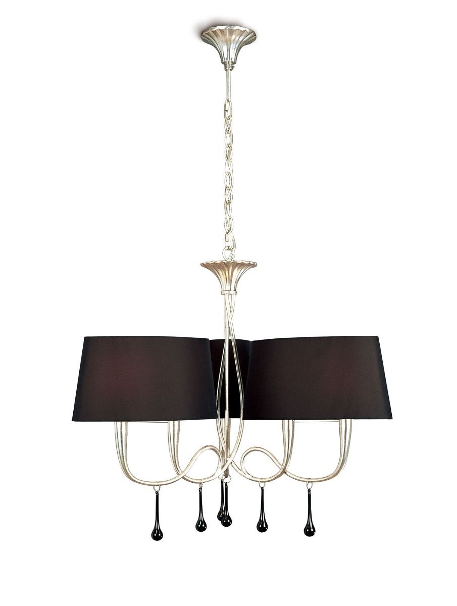 M0530 Mantra Paola Pendant 3 Arm 6 Light E14 Silver Painted Black Shades Black Glass Droplets