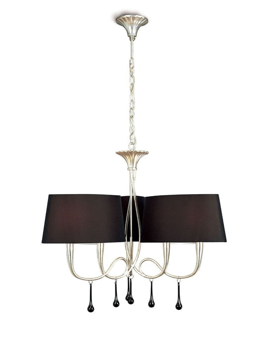 M0530 Mantra Paola Pendant 3 Arm 6 Light E14 Silver Painted Black Shades Black Glass Droplets