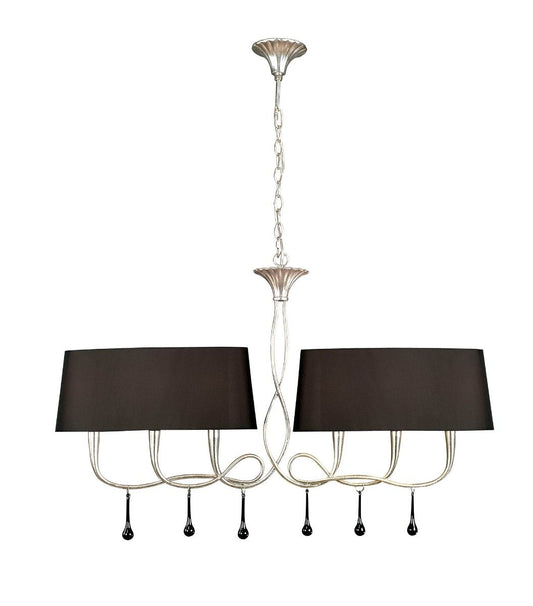 M0531 Mantra Paola Pendant 2 Arm 6 Light E14 Silver Painted Black Shades Black Glass Droplets
