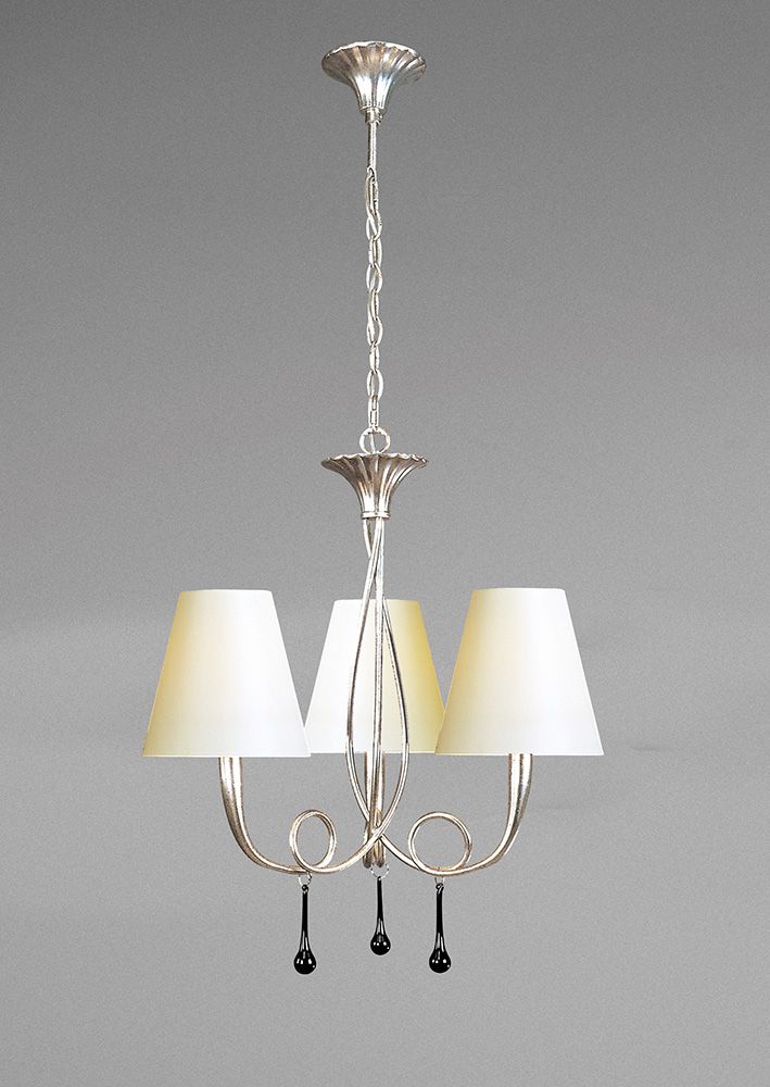 M0532 Mantra CS Paola Pendant 3 Light E14 Silver Painted Cream Shades Black Glass Droplets