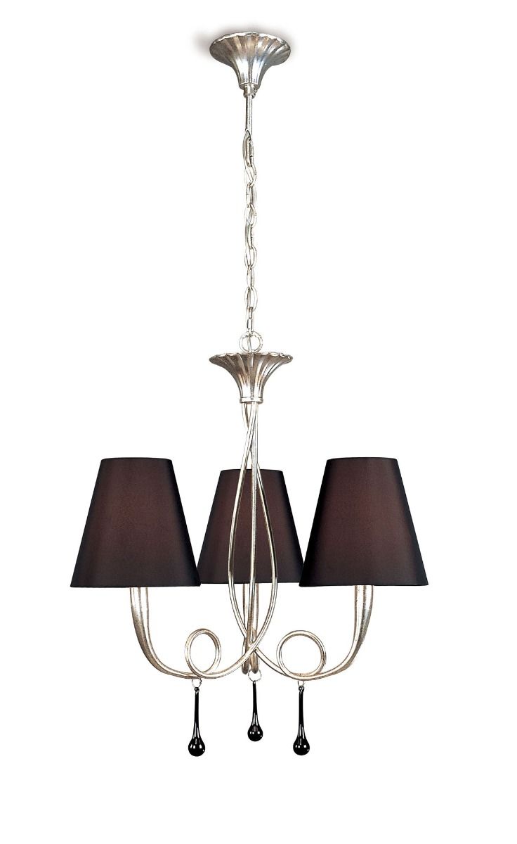 M0532 Mantra Paola Pendant 3 Light E14 Silver Painted Black Shades Black Glass Droplets