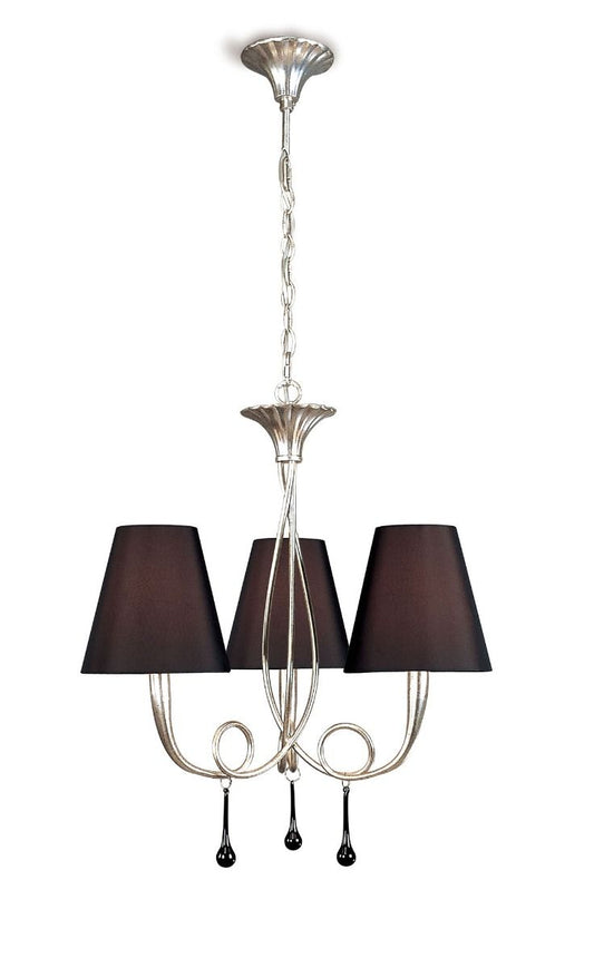 M0532 Mantra Paola Pendant 3 Light E14 Silver Painted Black Shades Black Glass Droplets