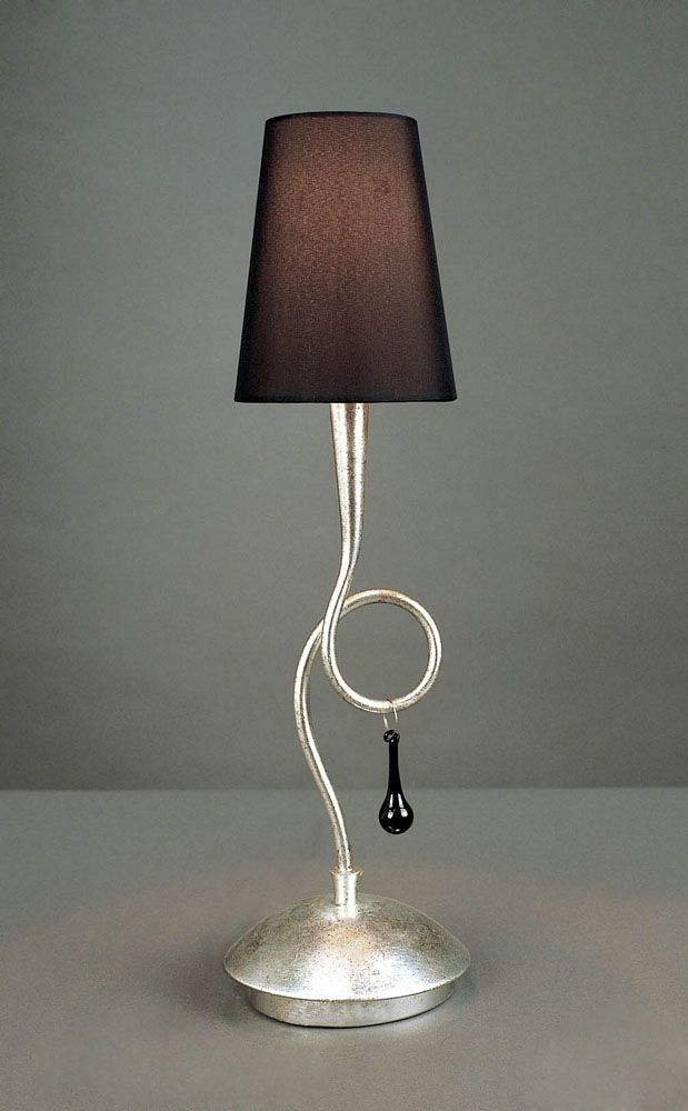 M0535 Mantra Paola Table Lamp 1 Light E14 Silver Painted Black Shade Black Glass Droplets