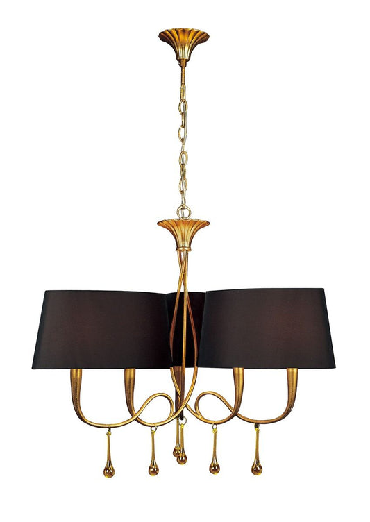 M0540 BS Mantra Paola Pendant 3 Arm 6 Light E14 Gold Painted Black Shades Amber Glass Droplets