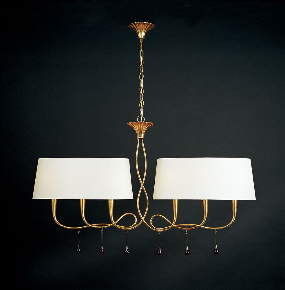 M0541 Mantra Paola Pendant 2 Arm 6 Light E14 Gold Painted Cream Shades Amber Glass Droplets