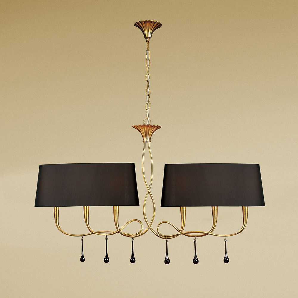M0541 BS Mantra Paola Pendant 2 Arm 6 Light E14 Gold Painted Black Shades Amber Glass Droplets