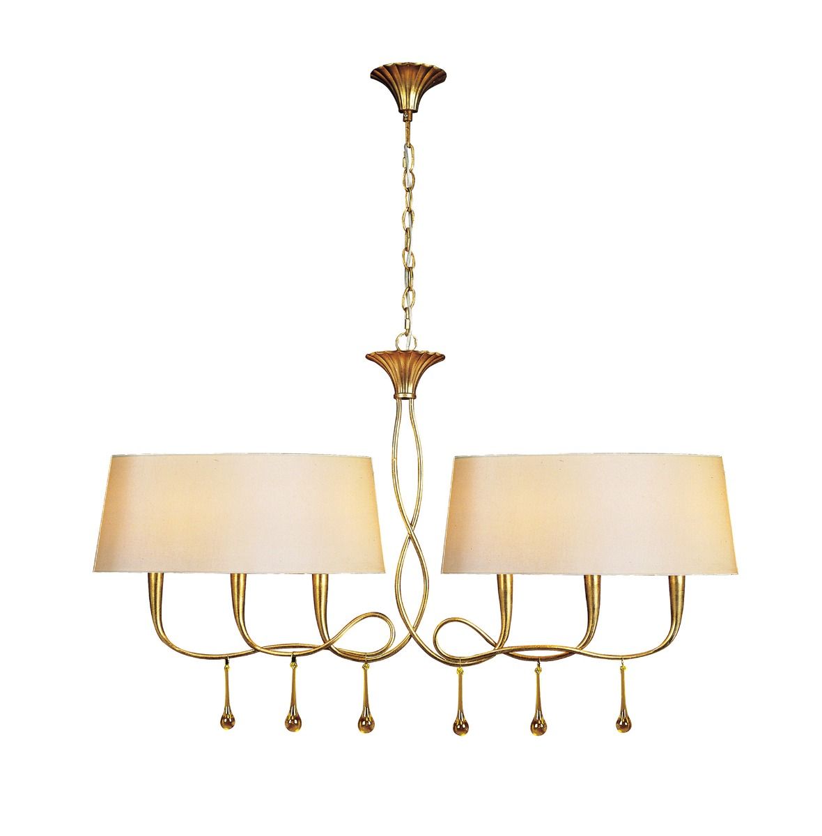 M0541 Mantra Paola Pendant 2 Arm 6 Light E14 Gold Painted Cream Shades Amber Glass Droplets