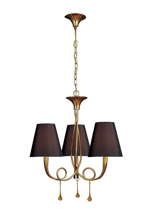 M0542 BS Mantra Paola Pendant 3 Light E14 Gold Painted Black Shades Amber Glass Droplets