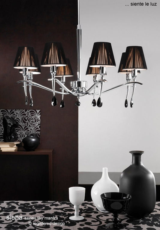 Mantra M0341 Siena Pendant Round 8 Light Polished Chrome Black Shades Black Crystal